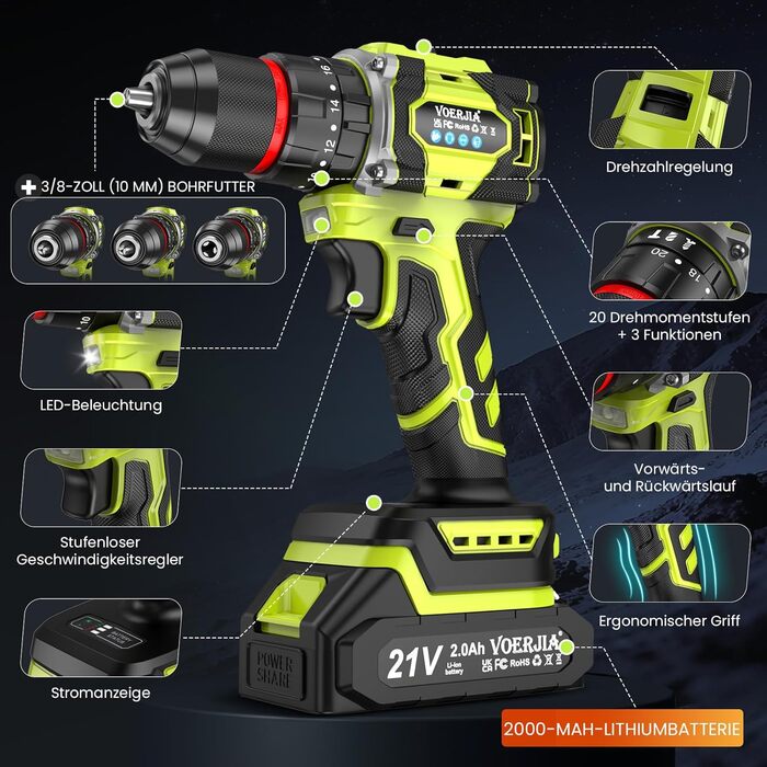 Акумуляторний дриль-шуруповерт 21V з набором аксесуарів (29 шт), безщітковий двигун, 2 акумулятори 2000 mAh, LED-ліхтар, 2 швидкості