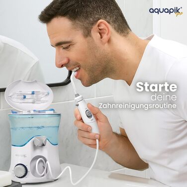 Іригатор для порожнини рота Munddusche PRO | Aquapik® | Професійне очищення зубів, видаляє наліт, рекомендовано стоматологами, для імплантів та брекетів | 8 насадок, 10 рівнів тиску, 600 мл (Білий)