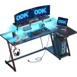Ігровий стіл ODK L-подібний з LED підсвіткою, розетками, полицею та підставкою для монітора, комп'ютерний стіл з вуглецевого волокна, чорний, 140 см