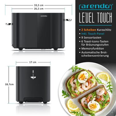 Тостер Arendo з нержавіючої сталі, 2 відділення, сенсорний екран, подвійні стінки, 800 Вт, підставка для тостів, 6 рівнів підсмажування, центрування хліба, індикатор часу, функція пам'яті, колір: чорний