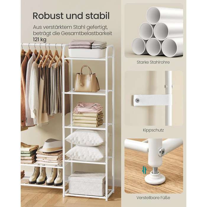 SONGMICS Взуттєва шафа, відкрита вішалка для одягу, металева, з полицями, 29 x 112 x 158,4 см, матово-білий LGR462W01