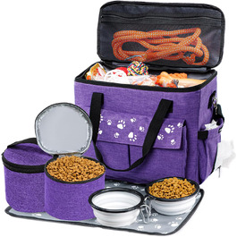 Сумка для собак у подорожі, схвалена авіаперевізниками, з контейнерами для корму та складними мисками (XL), фіолетовий