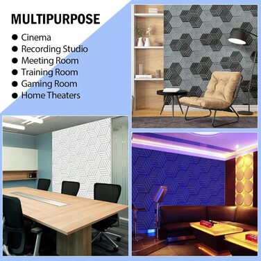 Акустичні гексагональні панелі SHJADE самоклеючі, шумоізоляційні стінові плитки (білі), 12 шт, 35.6 x 30.5 x 0.4 см