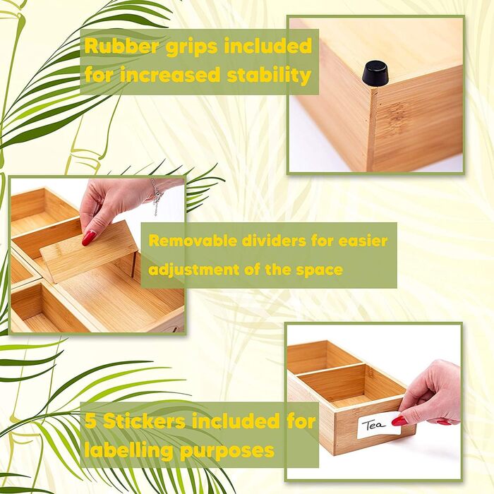 Bamboo Drawer Organizers, 5-Piece Set, with Various Compartments and Removable Dividers, Set of 5 Sturdy Wooden Storage Boxes with Extra Foot Pads for Home and Office