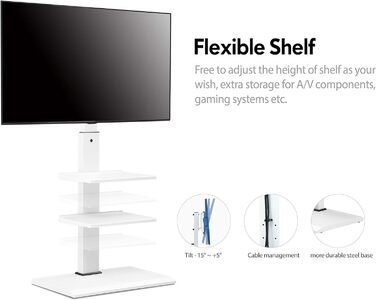 FITUEYES TV Stand White Series-S - 32-65 Inch, 40kg Capacity, Adjustable Height, Swivel & Tilt, 400x600 VESA, 3 Shelves