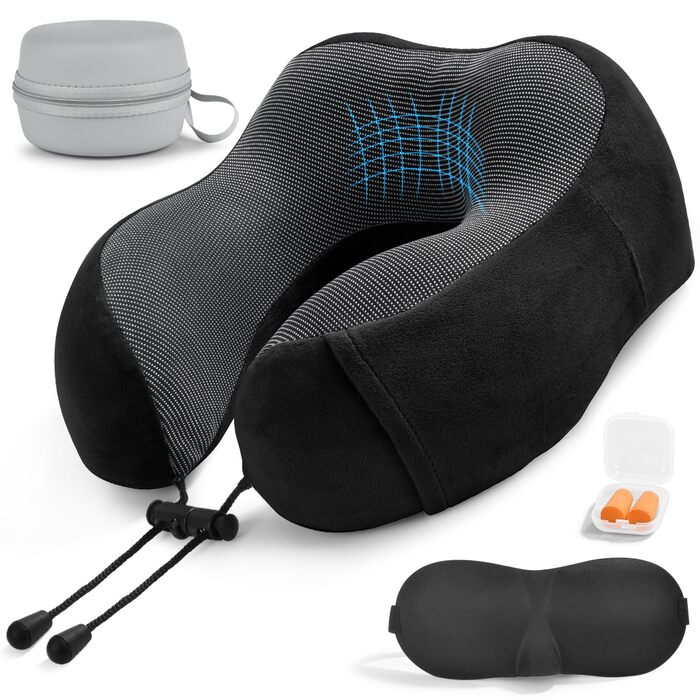 Подушка для шиї в літак, доросла, Memory Foam, регульована, компактна, з навушниками, маскою для сну та чохлом (чорна)