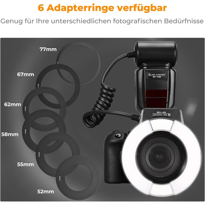 Кольцевий світловий прилад K&F Concept TTL для Nikon DSLR, GN 14, з AF-підсвічуванням та адаптерними кільцями