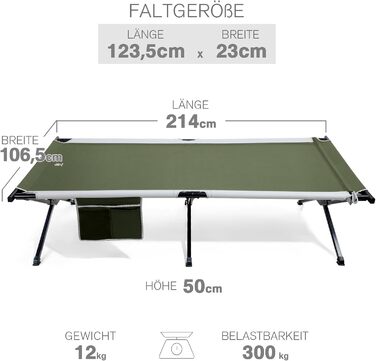 Розкладне ліжко EVER ADVANCED для кемпінгу: велике, стабільне, 214x106 см, до 300 кг, зелене