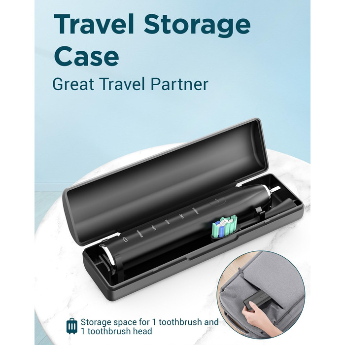 Електрична звукова зубна щітка для дорослих - відбілювання, ультразвукова, з кейсом для подорожей та зарядною станцією, 8 насадок, 5 режимів (Чорна)