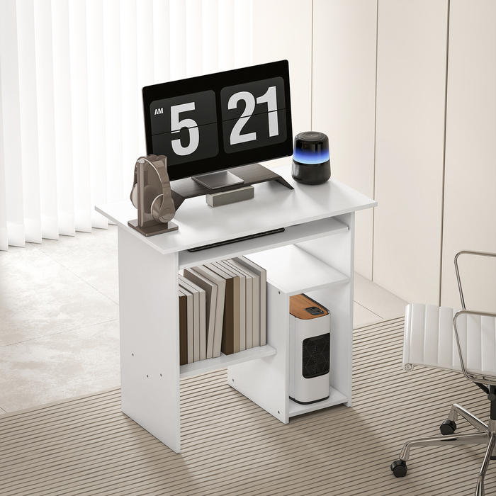 HOMCOM Desk, 80 x 45 cm, Computer Desk, Office Desk with Keyboard Tray, Open Compartments and Storage Surfaces, Chipboard, for Home Office, Bedroom, White | Aosom