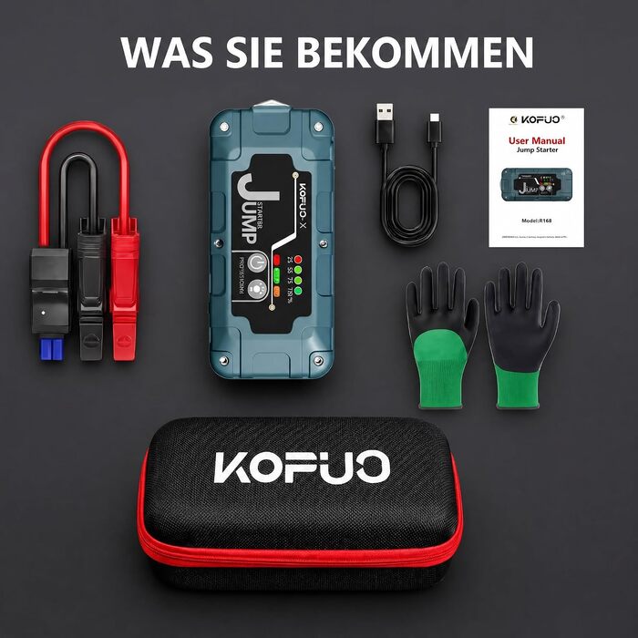 Бустер для автомобіля 7000А Jump Starter Powerbank 12V для бензинових (8л) та дизельних (6.5л) двигунів, пусковий пристрій з LED-ліхтарем та набором аксесуарів, зелений