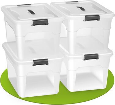 Juskys Storage Box with Lid - Set of 4 Plastic Boxes 45L - Large Box, Stackable, Transparent - Storage Organization System Storage Boxes (Set of 4 - 30 Liters)
