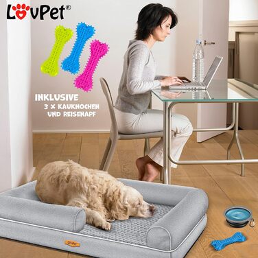 Orthopedic Dog Bed, Dog Cushion, Dog Basket Relax, Incl. Bowl + 3x Chew Bones, Dog Sofa for Small, Medium & Large Dogs, Removable and Washable Cover, 91x71x22cm (L (106 x 80 x 25 cm), Grey)