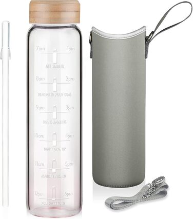 1 Liter Glass Water Bottle with Straw & Time Marker, 1L Motivational Glass Water Bottle with Protective Sleeve, Borosilicate Glass Bottle for Carbonated Drinks, Leak-Proof