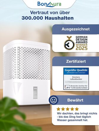 Зволожувач повітря BonAura® без струму до 23 м² | 360° вентиляція | Для дому та квартири | З виливом та 5 гранул по 680г | Захист від плісняви та неприємних запахів