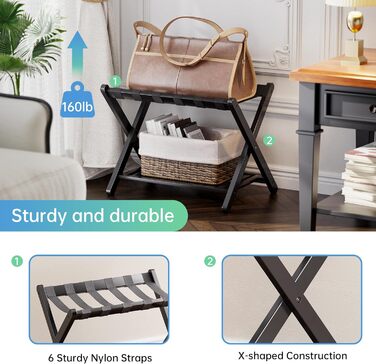 SMIBUY Luggage Rack, Foldable Bamboo Suitcase Stand with Storage Shelves for Guest Room, Bedroom, Hotel, Heavy Duty (Black)