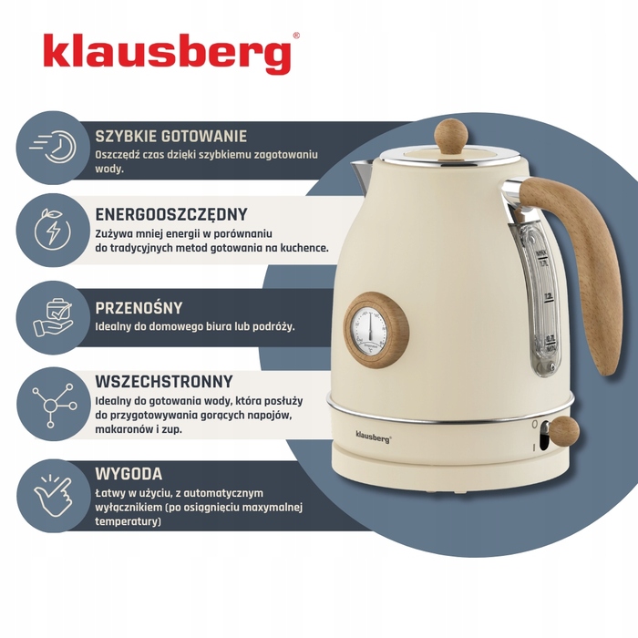 Електричний чайник Klausberg KB9006, 2200 Вт, 1,7 л, бежевий
