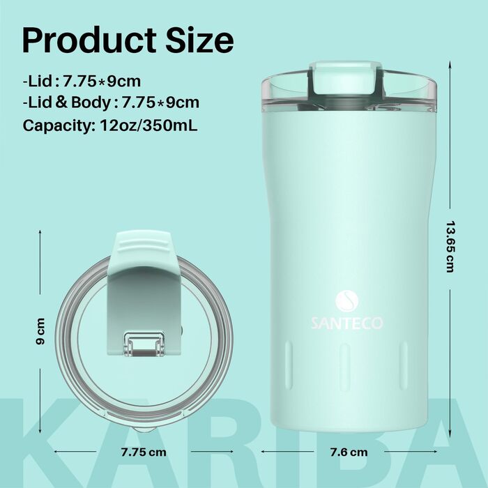 Термокружка SANTECO 350 мл з нержавіючої сталі 18/8, подвійні стінки, ізольована, з кришкою, не містить BPA, темно-зелена