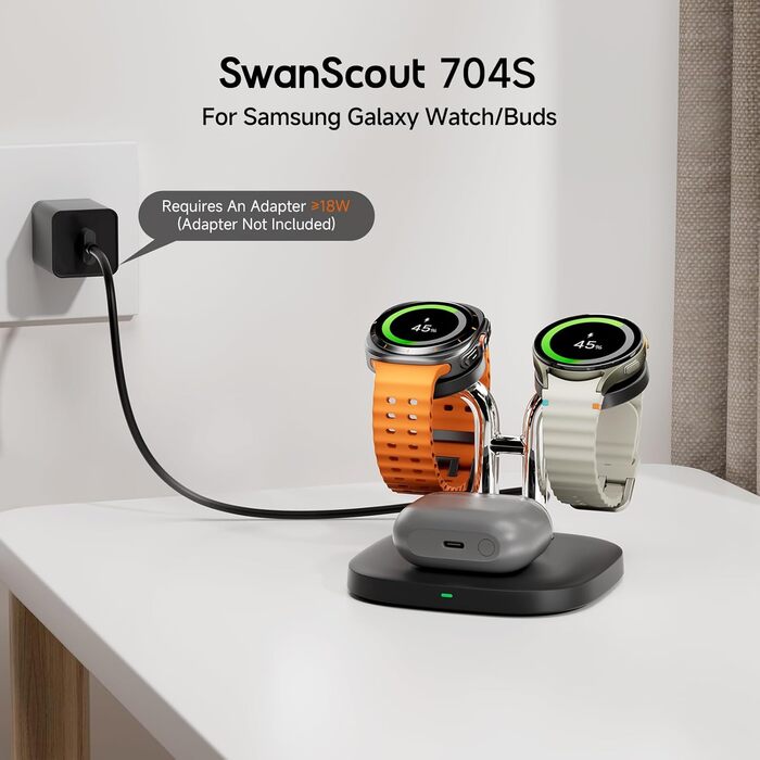 Зарядна станція SwanScout 704S Dual для Samsung Galaxy Watch 8/8 Classic/7/Ultra/6/6 Classic/5/4/3/Active 2 та Galaxy Buds 3/3 Pro/2 Pro/Buds+ (Чорна)