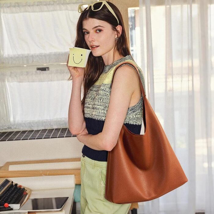 Сумка жіноча KALIDI Shopper Hobo з PU шкіри, вінтажна сумка-тоут з кнопкою, велика для роботи, навчання, повсякденного використання (коричнева)