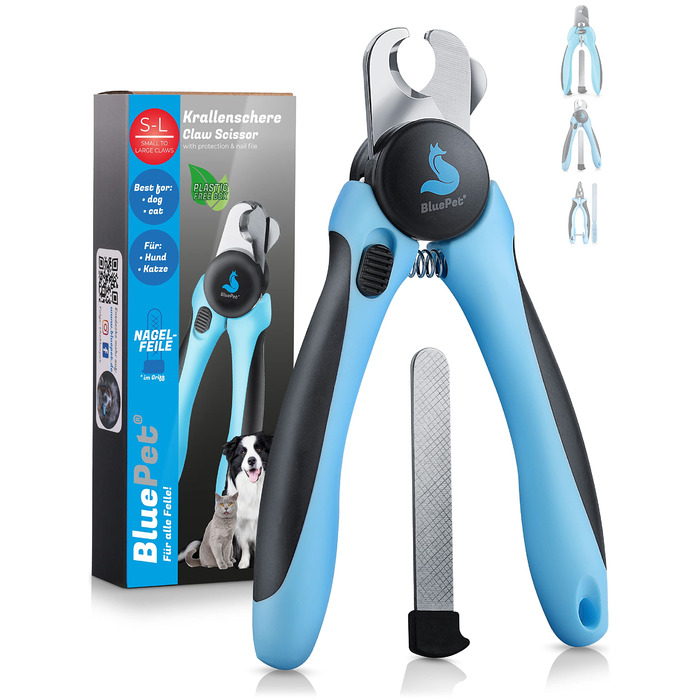 Ножиці для стрижки кігтів BluePet з захистом для собак та котів. Легкі у використанні. Ножиці для малих та великих кігтів + пилка для кігтів у ручці. Альтернатива стрипам та точилкам для кігтів M-L з захистом. Бестселер. Синій колір.