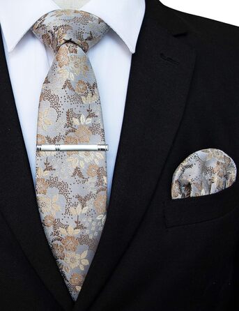 Чоловічий краватка-набір JEMYGINS з квітковим принтом та нагрудною хустинкою, з затискачем для краватки, білий золотий