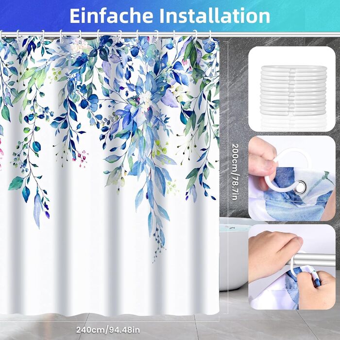 Шторка для душу текстильна з 12 гачками, антигрибкова, водовідштовхувальна, 180x200 см, для ванної кімнати, зелена