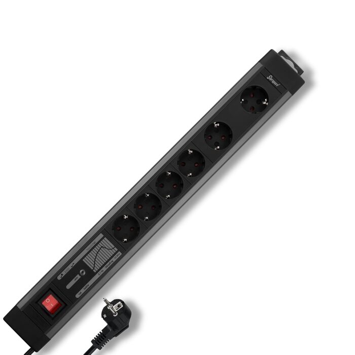 Многофункціональна мережева стрічка REV SupraGuard з вимикачем, 2.5м кабелю, захистом від перенапруги та фільтром живлення (чорно-антрацитова, 4+2 розетки)