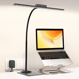 LED Desk Lamp with Adjustable Neck, 1200 Lumens, Dual Head Clamp-On for Home Office, Eye Protection, Gooseneck, Office Table Lamp, Monitor Light with 5 Color Temperature & Brightness Levels (Black-Metal Base)