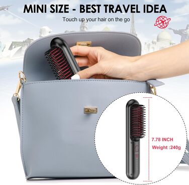 Бездротова щітка для випрямлення волосся – портативна щітка для подорожей, міні-щітка для випрямлення волосся для жінок, зарядка USB-C, керамічне покриття, легка для корекції, захист від опіків, чорно-червона