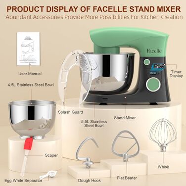 Кухонна машина/міксер Facelle 1500W з 5.5L та 4.5L чашами, 10+ програм, тиха робота, з набором насадок (зелено-сірий)