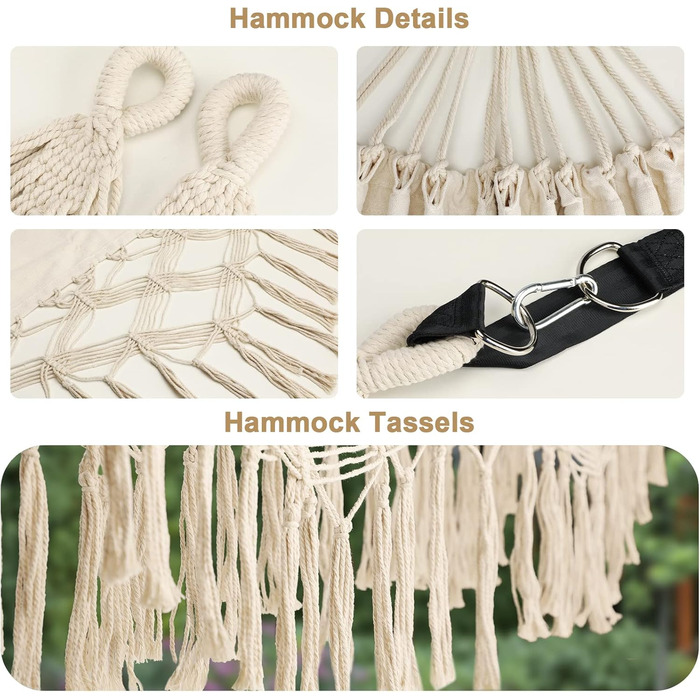 Bellzacasa Large Brazilian Hammock, Fabric Camping Hammock with Portable Bags Ropes for Hanging from Trees Soft Striped Canvas Cotton (Beige)