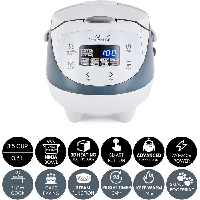 Yum Asia Panda Mini Rice Cooker with Ninja Ceramic Bowl and Advanced Fuzzy Logic (3.5 Cups, 0.63 Liters) 4 Rice Functions, 4 Multicooker Functions, 220–240V White / Grey