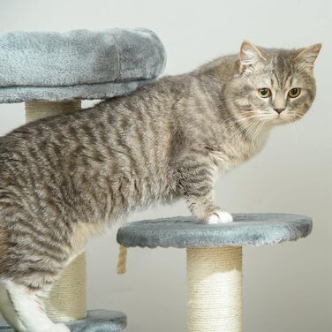 PawHut Cat Tree Climbing Tree with Hammock, 3-Tier Play Tree with Cat Bed Cat Scratching Post with Sitting Platform, Sisal Columns, Grey Ø40 x H65 cm