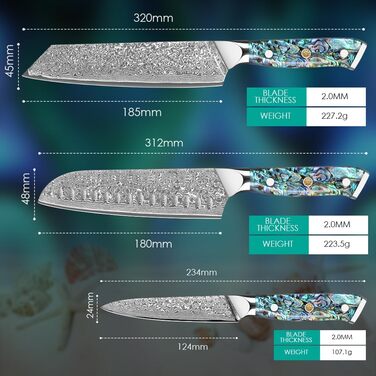 Ніж Santoku з дамаської сталі 18 см: преміум якість, VG-10 сталь, ручка з мушлі Абалоне, подарункова коробка