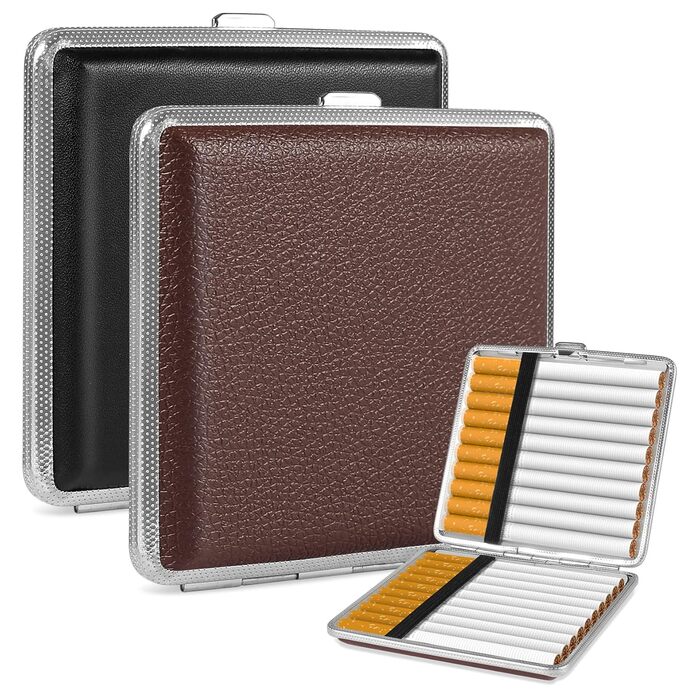 Чохол для сигарет зі шкіри та металу на 20 сигарет (3 шт.), шкіряна сигаретна коробочка, металева сигаретна коробка, 10 * 9.5 * 1.9 см (Чорний) (2 шт/Чорний+Коричневий)