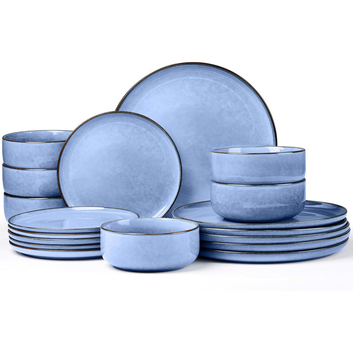 Набір посуду Joyfair на 6 осіб, 18 предметів: тарілки для їжі, десертні тарілки, миски для каші, з реактивною глазур'ю, для мікрохвильової печі та посудомийної машини (Ozean Blau)