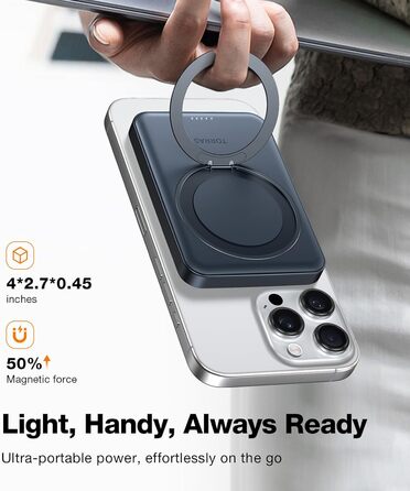 Power Bank TORRAS 5000mAh з MagSafe та кільцем для iPhone 16/15/14/13/12. Бездротовий, USB-C, чорний