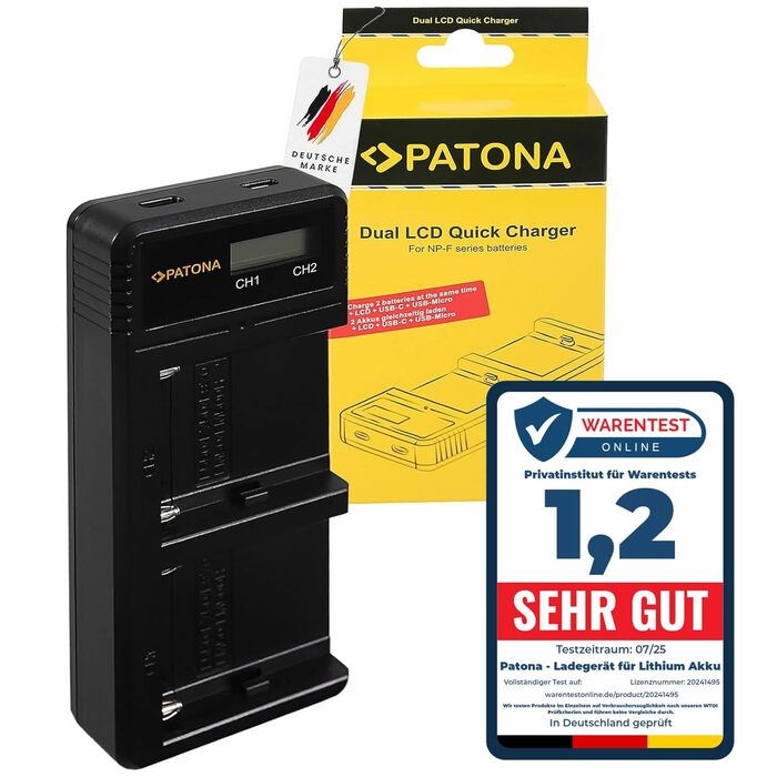 Зарядний пристрій Patona Dual LCD для акумуляторів Sony NP-F970/F750/F550/FM500H/FM50/QM71/91 – одночасний заряд 2-х акумуляторів через USB для відеокамер, світла та моніторів NP-F