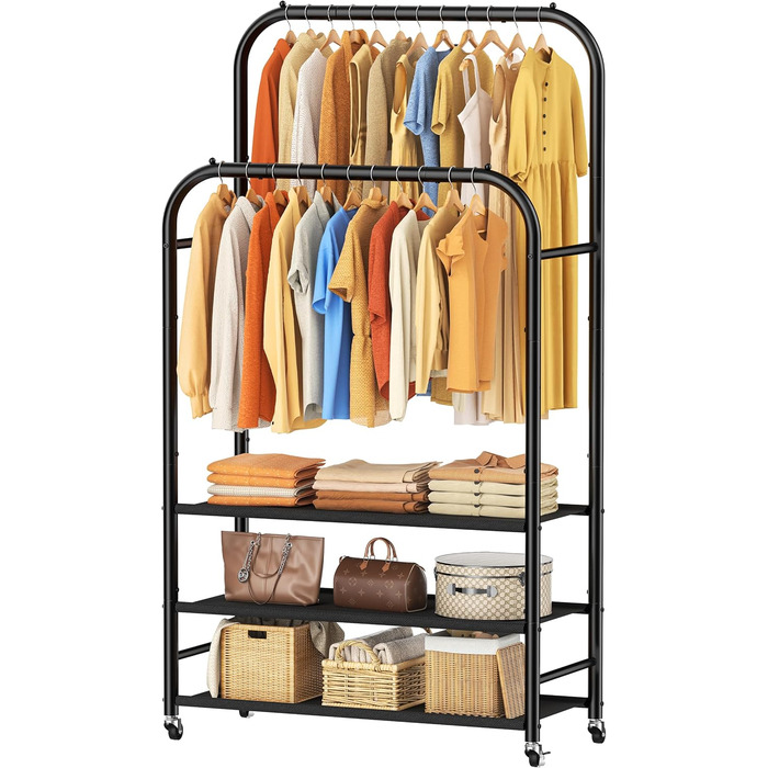 Вішалка для одягу HOMIDEC з 3 полицями, подвійна штанга на колесах, металевий каркас, чорна. Макс. навантаження 80 кг