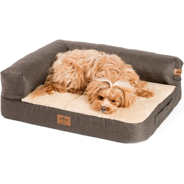 JAMAXX Преміум Софа для собак 2-в-1 - Ортопедична, з Memory Visco, знімні подушки та чохол, м'який фліс/овчина/шерпа, PDB3014 (65x50 см, коричневий+пісочний фліс)