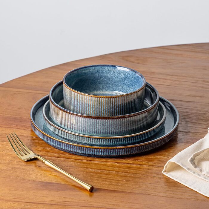 Набір посуду GBhome з каменю, 24 елементи, ручна робота, для 6 осіб, стійкий до миття в посудомийній машині та мікрохвильовій печі, керамічний посуд, блакитний колір