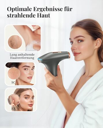 Пристрій для епіляції IPL Haarlosy: безболісна епіляція вдома для жінок та чоловіків, 9 рівнів, 999,900 імпульсів, 3 функції (HR/SC/RA), для тіла, ніг, зони бікіні, пахв. Чорний колір.