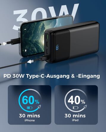 Power Bank 50000mAh з LED дисплеєм, 30W швидка зарядка, USB-C, 4 виходи та 2 входи - для iPhone, Android та планшетів