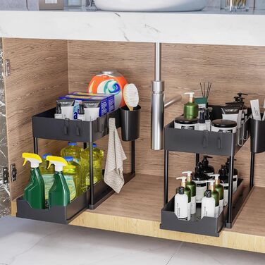 Puricon 2 Set Under Sink Shelf, Dish Cabinet Organizer, 2-Tier Stand Shelf Kitchen Countertop Organizer, Multifunctional Kitchen Shelf Spice Rack Under Sink Shelf Dish Cabinet Shelf - Black