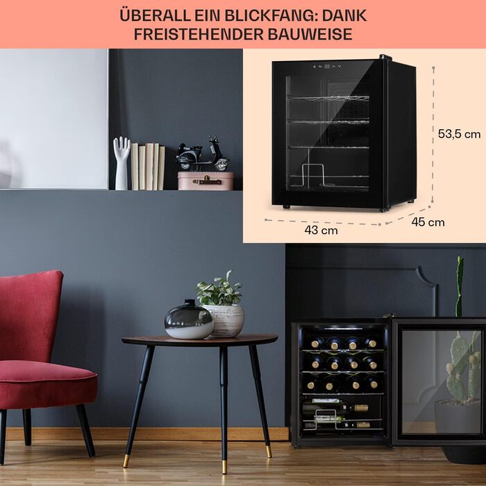 Klarstein Wine Cooler Fridge - 16 Bottle, 42L Compact Wine Refrigerator with Glass Door - Indoor/Outdoor Use - 5-18°C Temperature Range - Black