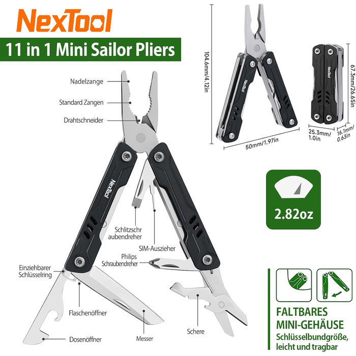 9-in-1 Mini-Multitool with Needle-Nose Pliers, Scissors, SIM Extractor, and Screwdriver - For Travel, EDC, TSA Approved, Blade-Free (Mini Sailor Lite) (Sailor S11-black)
