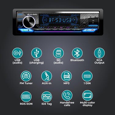 Автомагнітола Caliber 1DIN Bluetooth, FM-тюнер, 4x100Вт, USB/MicroSD, зарядка 2.1A, AUX, гучний зв'язок, зовнішній мікрофон, RCA, MP3/WMA/APE/FLAC
