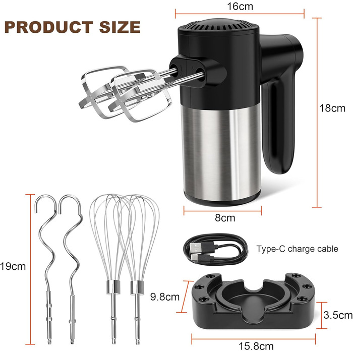 Бездротовий міксер з цифровим дисплеєм, 7 швидкостей, акумуляторний, з 6 насадками з нержавіючої сталі (міксер, вінчик, гачок для тіста) та підставкою для зберігання