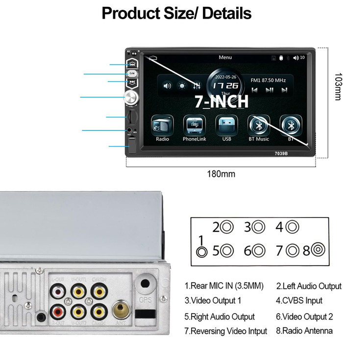 Автомагнітола SIXWIN 1 DIN з 7'' сенсорним екраном, Apple CarPlay, Android Auto, Bluetooth, FM, USB/AUX/TF, з камерою заднього виду, мікрофоном та пультом